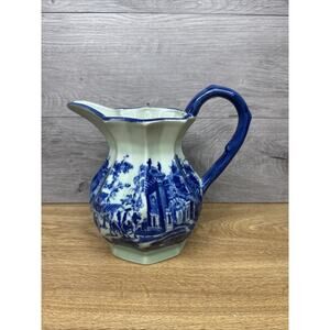 VTG Victoria Ware Ironstone Flow Blue Pitcher 7.5” Victorian Street Scene 48 Oz